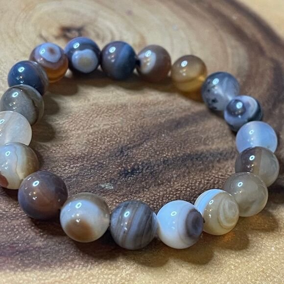 Botswana Agate beaded 10mm beads stretch bracelet striped natural dendrites dend - Picture 7 of 8